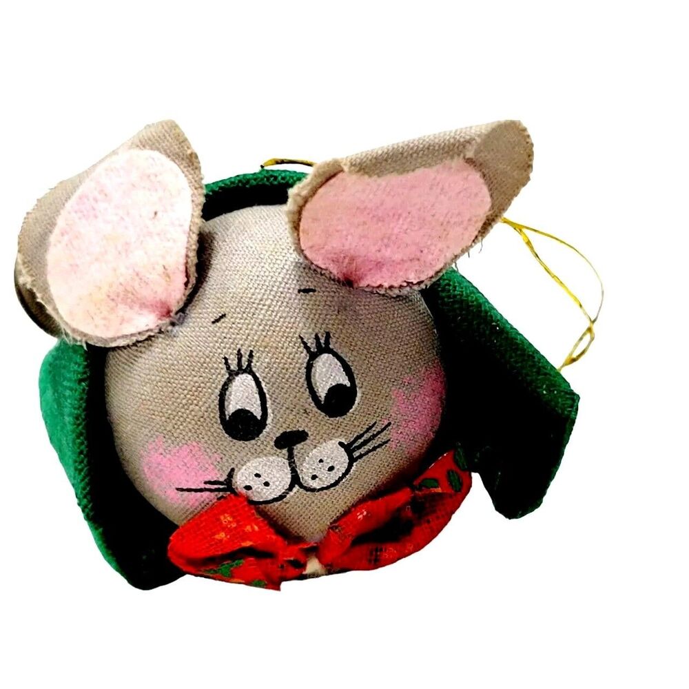 Enesco Mouse Wrapped in Green Felt Blanket Christmas Ornament 1960s 2.5" Long